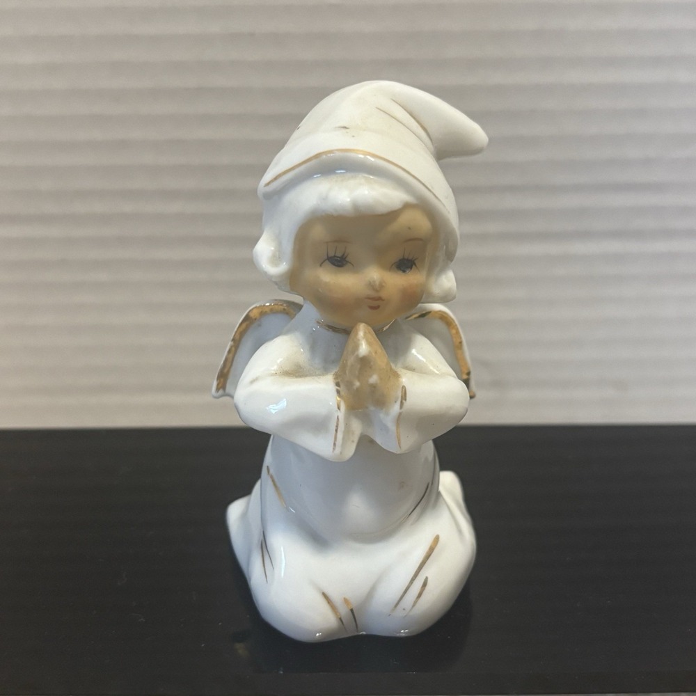 Vintage Ceramic Kneeling Praying Angel -Japan 3.5" Tall Gold Trim -Wing Repaired